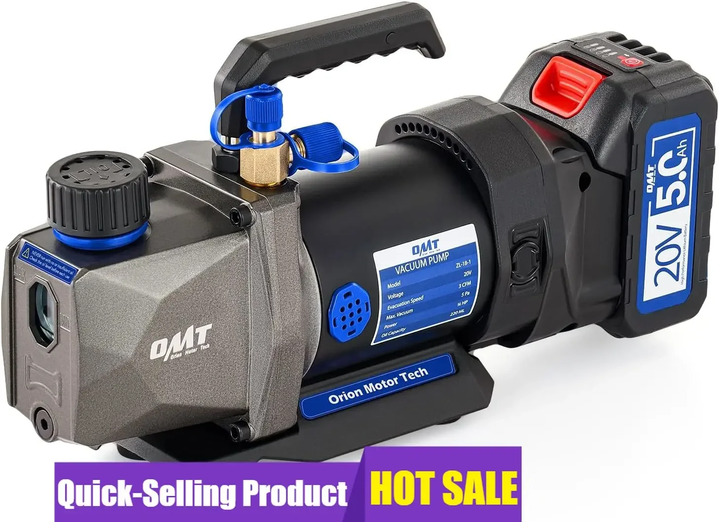 

Orion Motor Tech Cordless Lithium-Ion HVAC Vacuum Pump, 3 cfm Vacuum Pump, Battery-Powered Auto AC Vacuum Pump for R134a R410a R