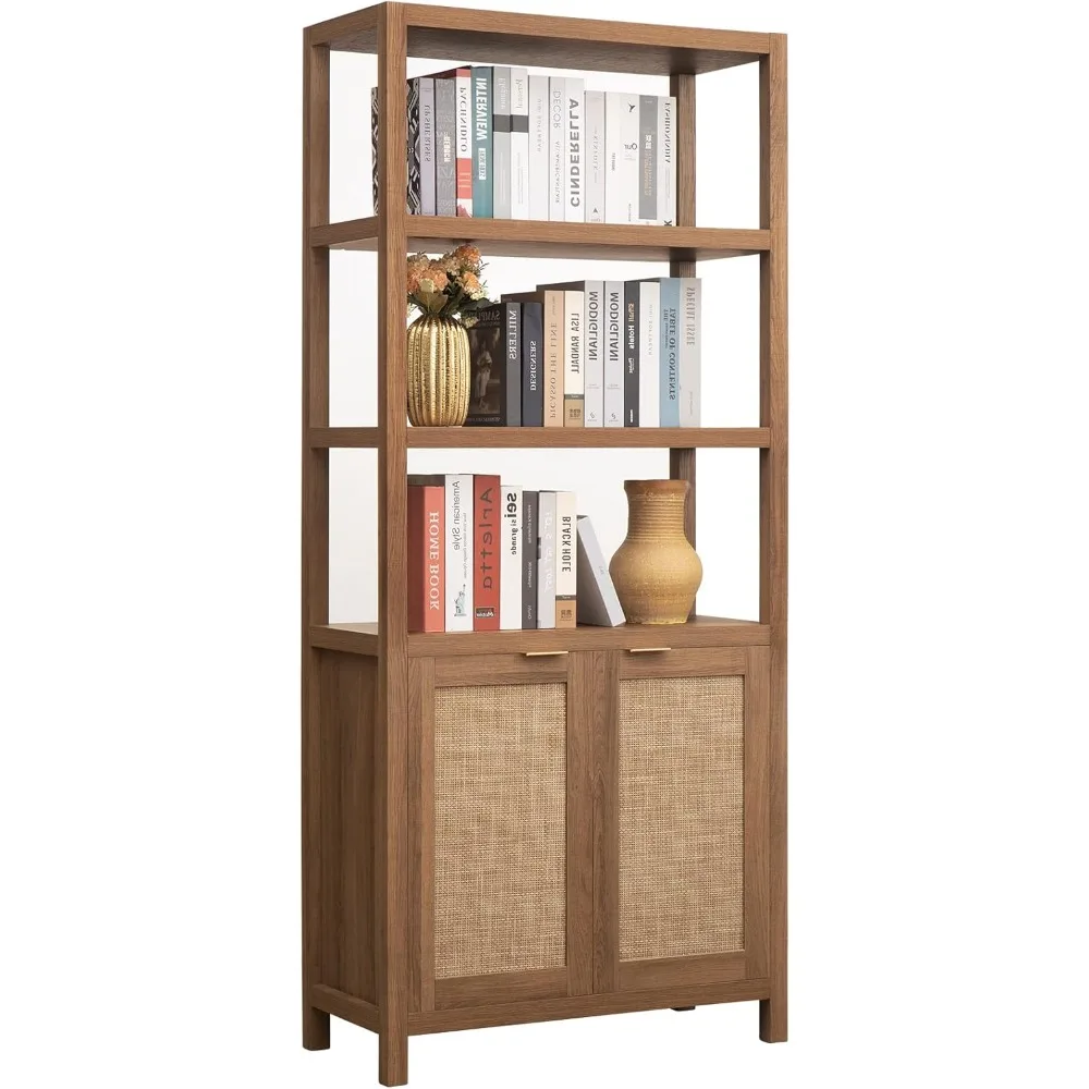 

"5-tier rattan boho style tall bookcase with doors for storage and large book shelves, farmhouse inspired"