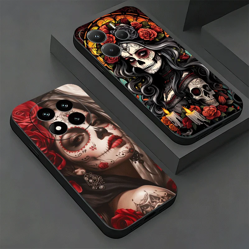 Мягкий чехол для телефона Xiaomi Redmi Note 15 14 13 12 Pro Plus Catrina Beautiful Rose Girl Skull 12S 11S 4G 11T 5G 10S 11E Black Cov
