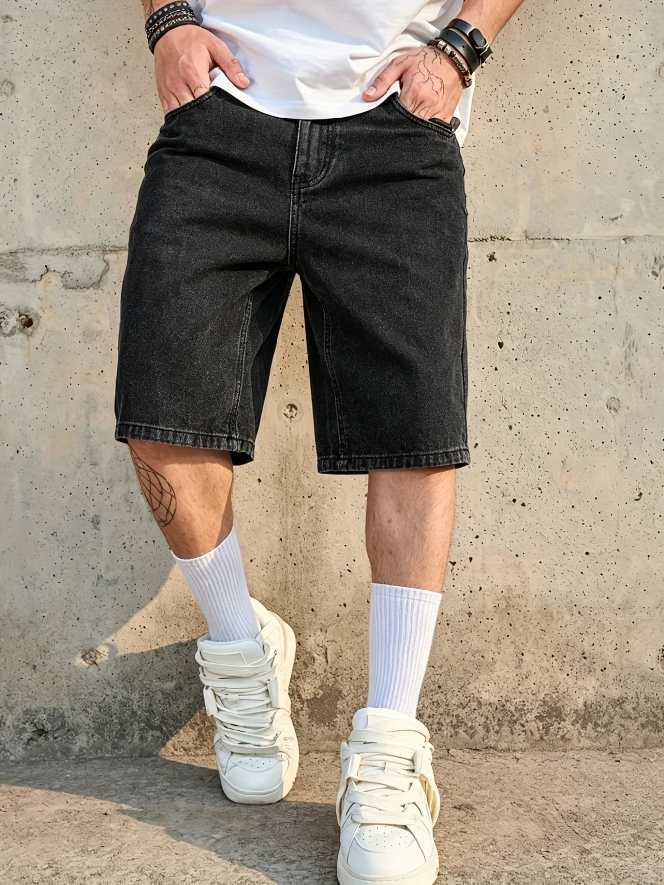 

Classic black non stretch denim jorts for men loose casual style comfortable straight fit short pants