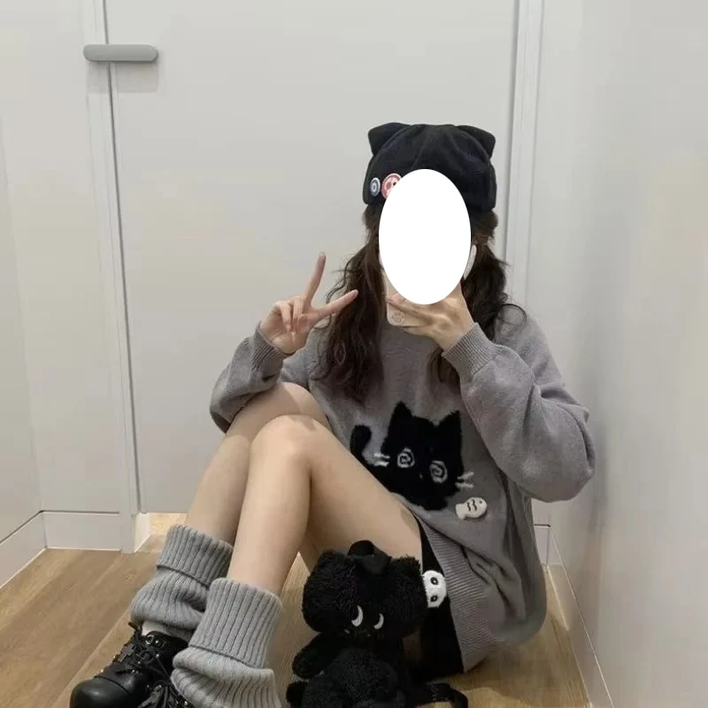 

2025 серый милый женский свитер с вышивкой кота Harajuku, японская мода, вязаные пуловеры с героями мультфильмов, свободные осенние топы с длинными рукавами