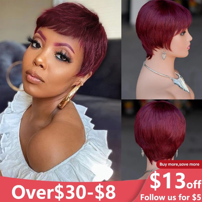 

Human Hair Wine Red Natural Straight 100% Remy Human Hair Wigs Dark Red Machine Made None Lace Pixie Cut Layered Hair for Women