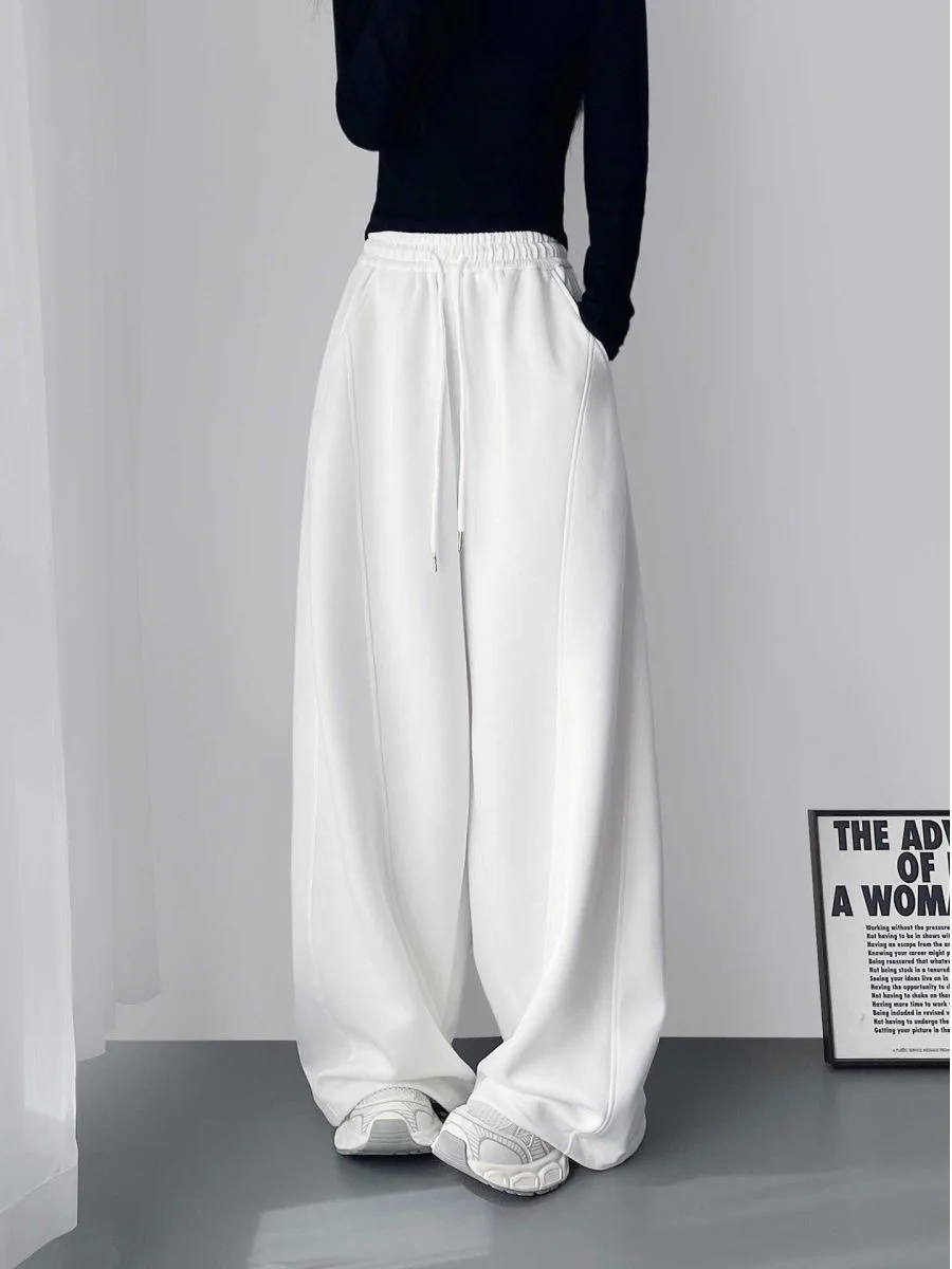 

Женские брюки с высокой талией и широкими штанинами, свободного кроя, повседневные, белые, для фигуры типа «груша», осенняя коллекция