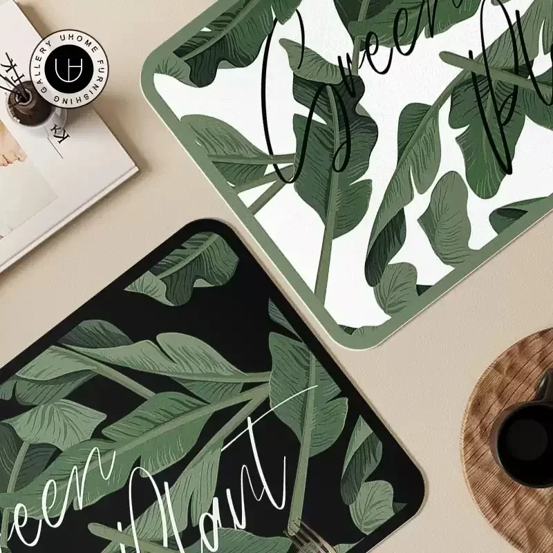 Forest green leaves Print Absorbent Kitchen Mat Drying Mat Quick Dry Drain Pad Tableware Mat Non-slip Dinnerware Coffee Placemat