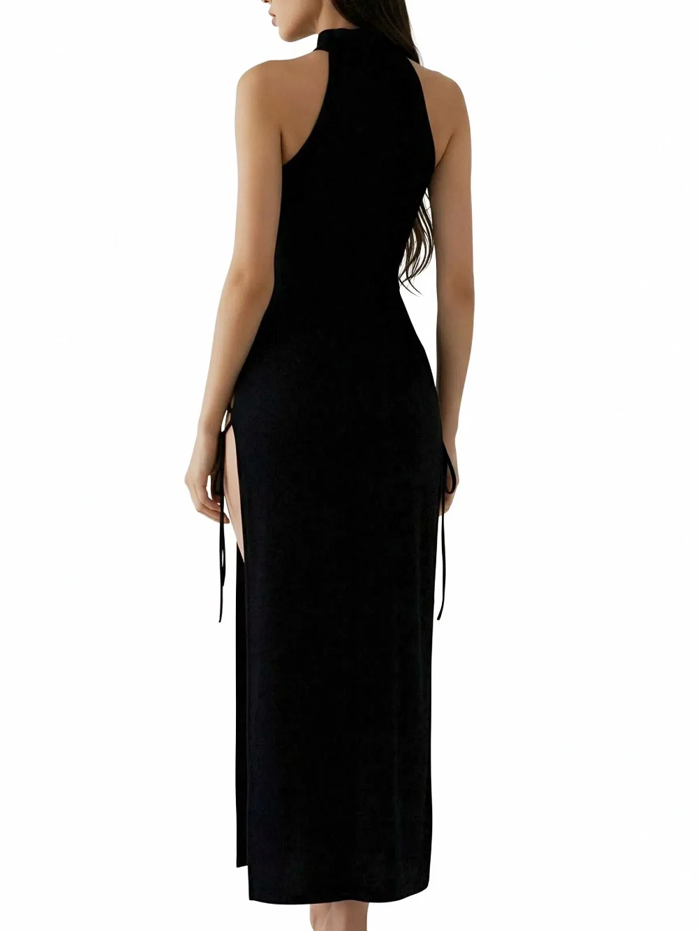 Sexy Women's Black Halter High Neck Bodycon Dress Lace Up Cut Out High Split Evening Party Club Wear 2025 Summer