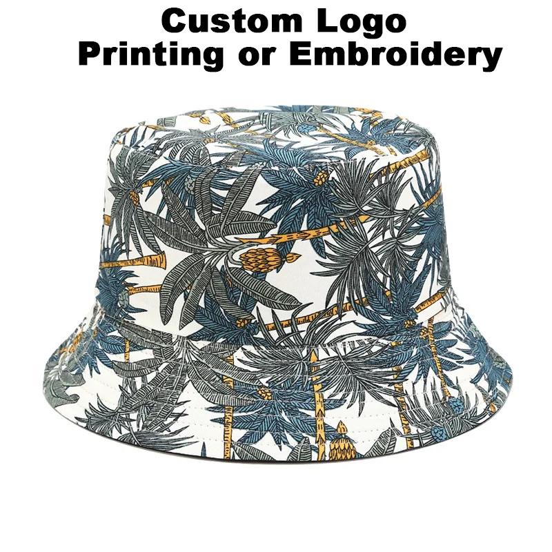 Custom Logo Double Sided Bucket Hat Tropical Banana Leaf Print Summer Outdoor Sun Fisherman Cap Men Women Custom Printed Hat