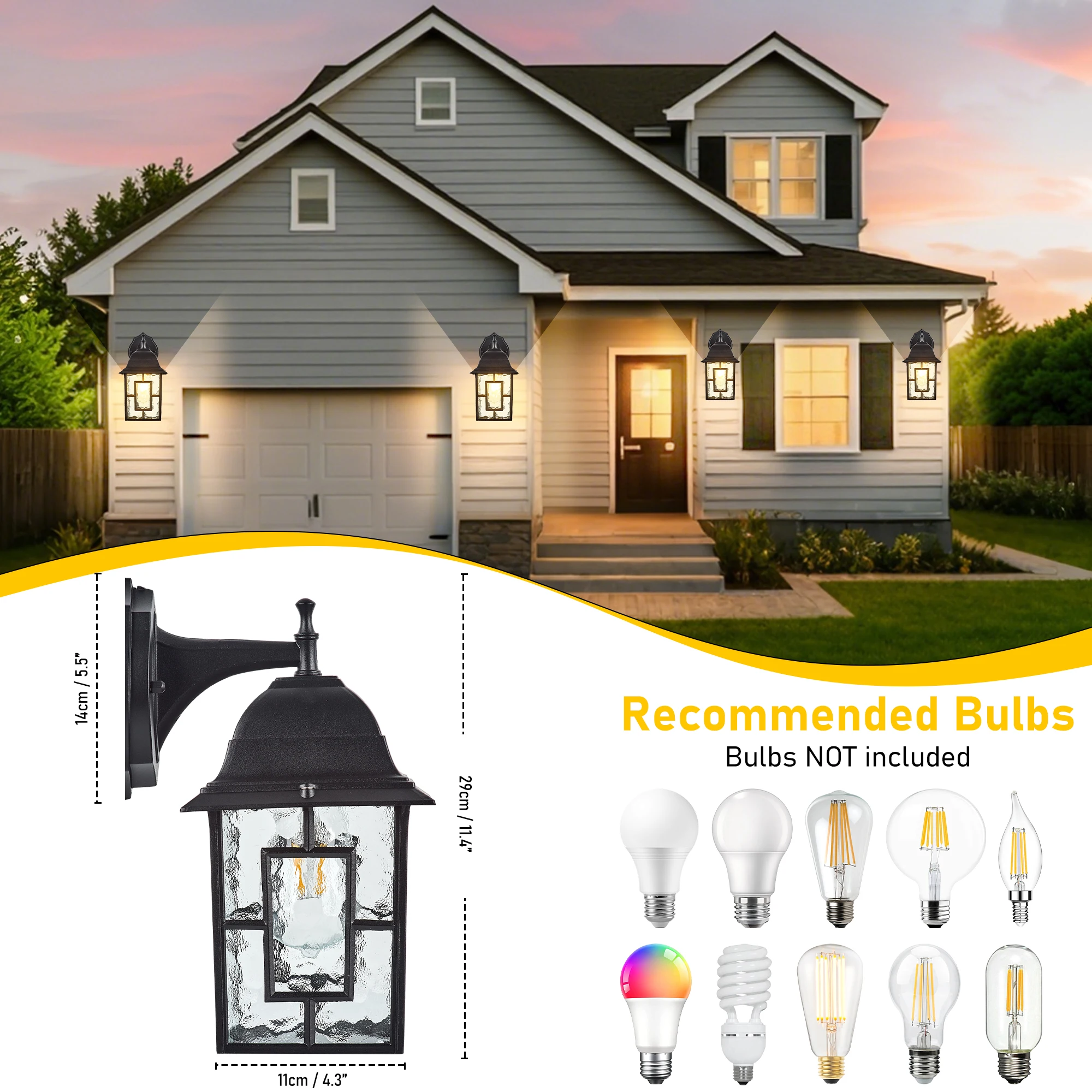 Aluminum Exterior Lighting Fixtures with Hammered Glass Dusk to Dawn LED Porch Light Anti-Rust E26 Socket Front Door for Patio