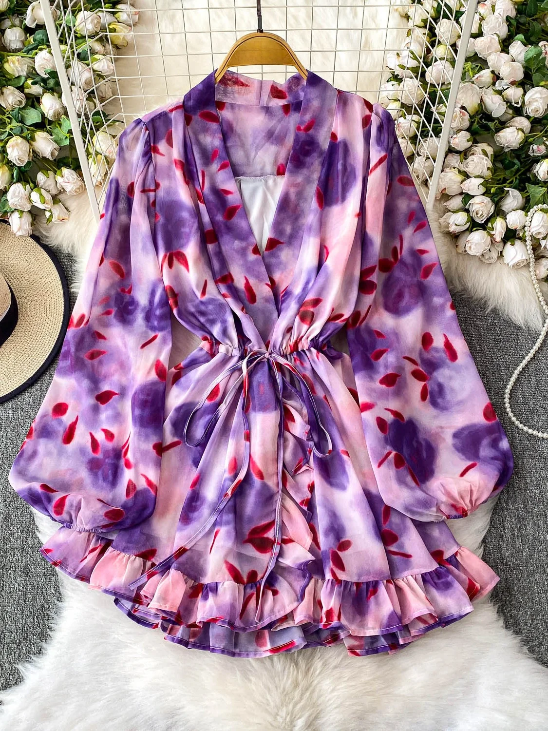 Ele V-Ne Długi Szyfonowy Top z Nadrukiem dla Kobiet na Wiosnę i Jesień, z Plisowanym Dołem, Regulowanym Sznurkiem w Talii, w Stylu Koreańskim, Elegancki, Idealny do Pracy