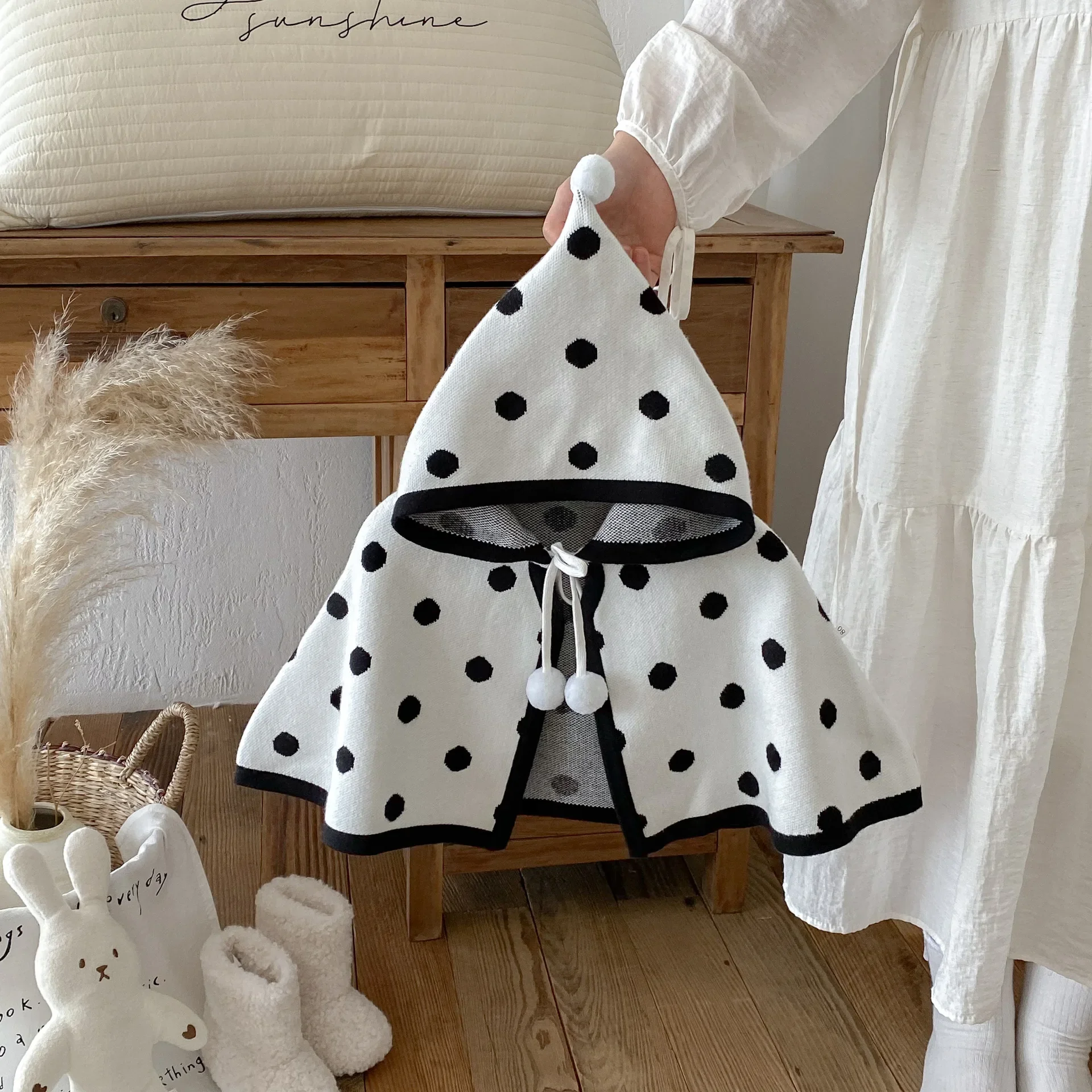 

Polka Dot Toddler Girl Knitted Cape Hooded Cloak with Pom Pom1-4T Autumn Winter Warm Princess Outerwear