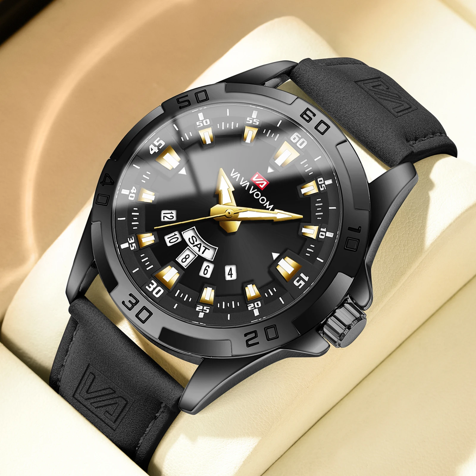 VA VA VOOM Black Hot Selling Classic Business Case Quartz Watch Men Steel Leather Strap Timing Enlarged Men's AAA Watches Clock