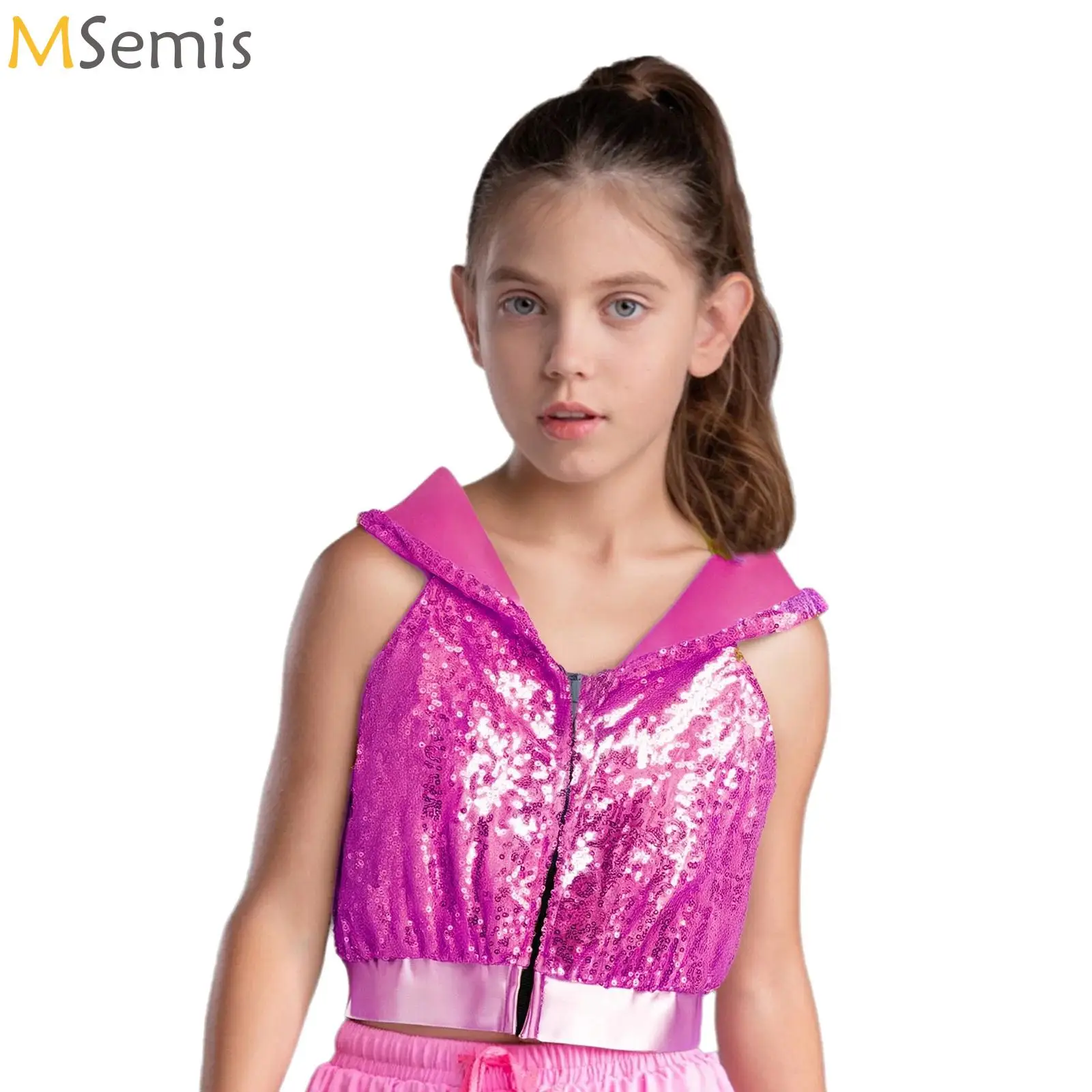 

Kids Girls Hoodie Hip-Hop Jazz Dance Performance Costume Sparkly Sequins Sleeveless Backless Cropped Hooded Top for Cheerleading