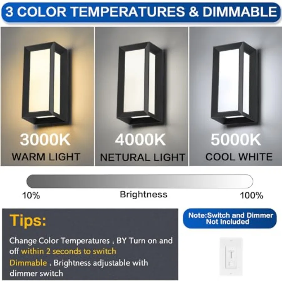 Outdoor Light Fixtures Wall Mount 2 Pack 3 Colors and Dimmable Exterior Wall Lights for House Front Porch and Patio