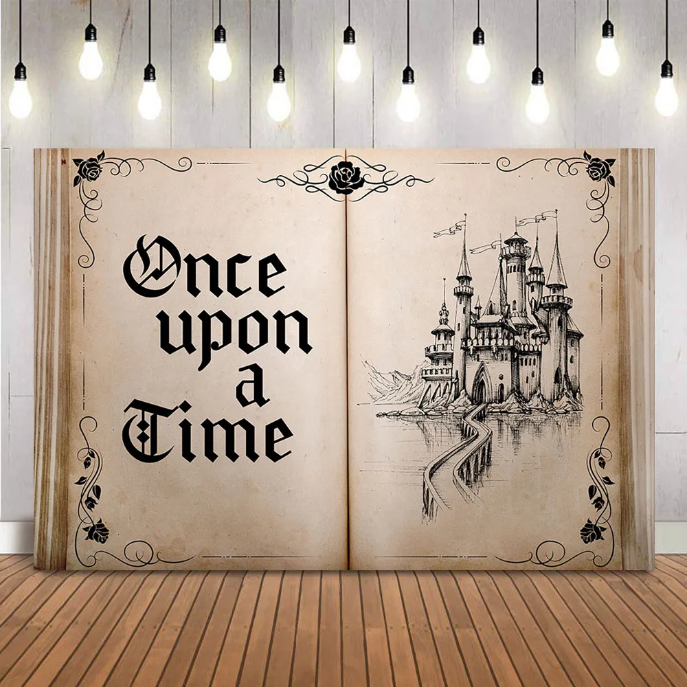 Fairy Tale Books Backdrop Old Opening Book Once Upon a Time Ancient Castle Princess Romantic Story Photo Background Birthday