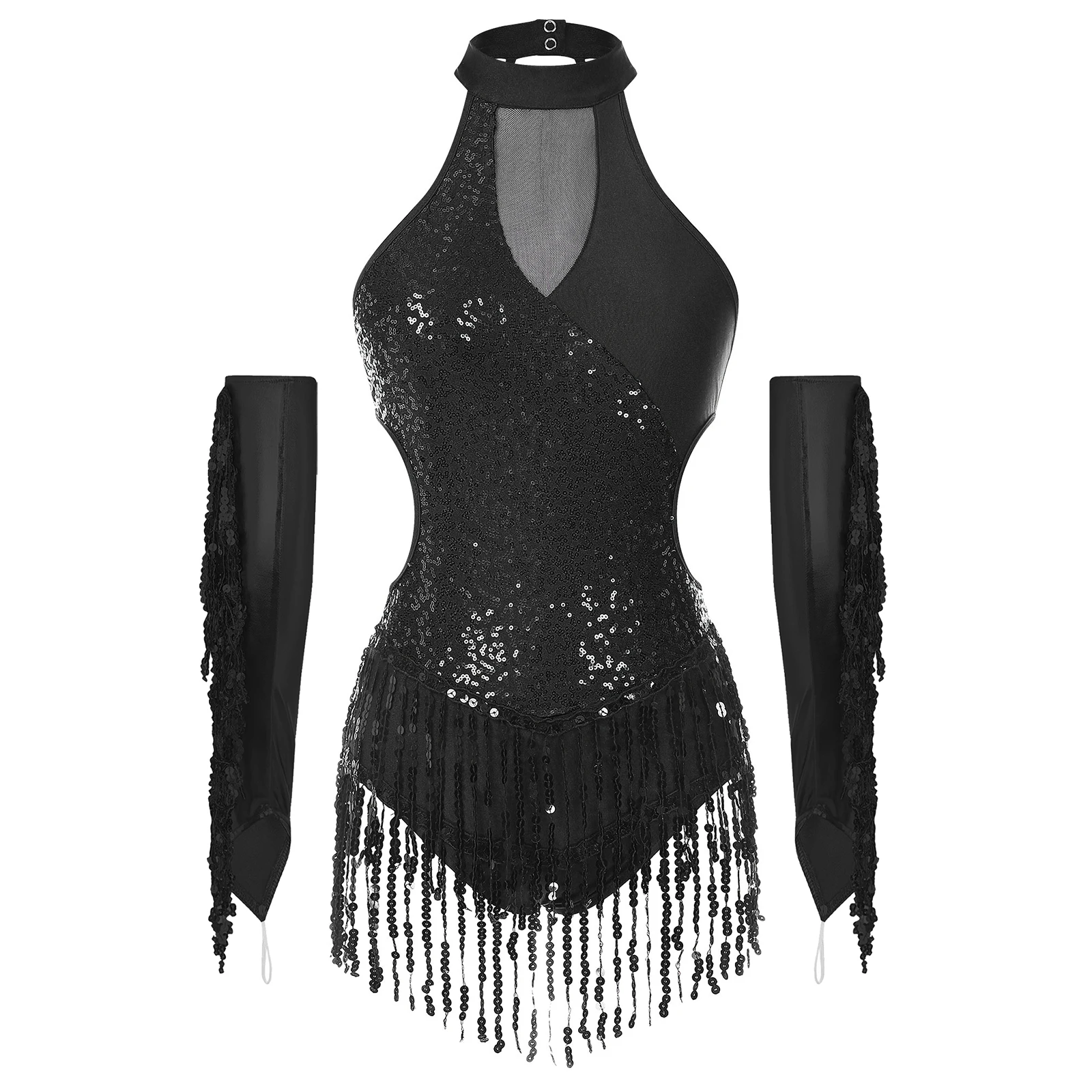 Women Latin Samba Rumba Cha-Cha Tango Dance Costume Ballroom Dancing Leotards Shiny Sequins Tassels Bodysuit with Mesh Gloves