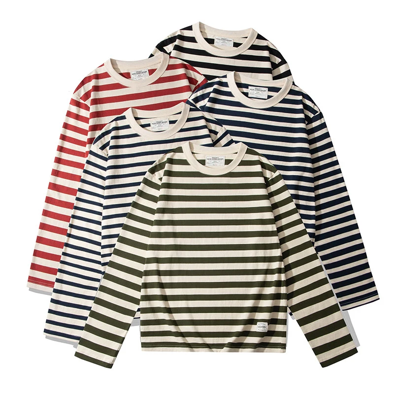 3203 Spring Autumn Good Quality Cotton Striped Long Sleeve T-Shirts For Men And Women Couple Classical Round Neck Pullover Tops