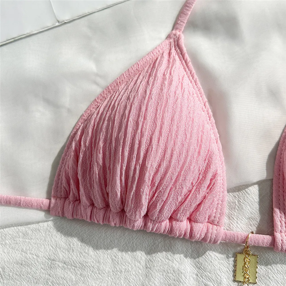 Trajes de baño de color rosa liso, conjunto de microbikini con cordón triangular y cuello Halter, traje de baño para Mujer 2026, Bikinis brasileños para Mujer
