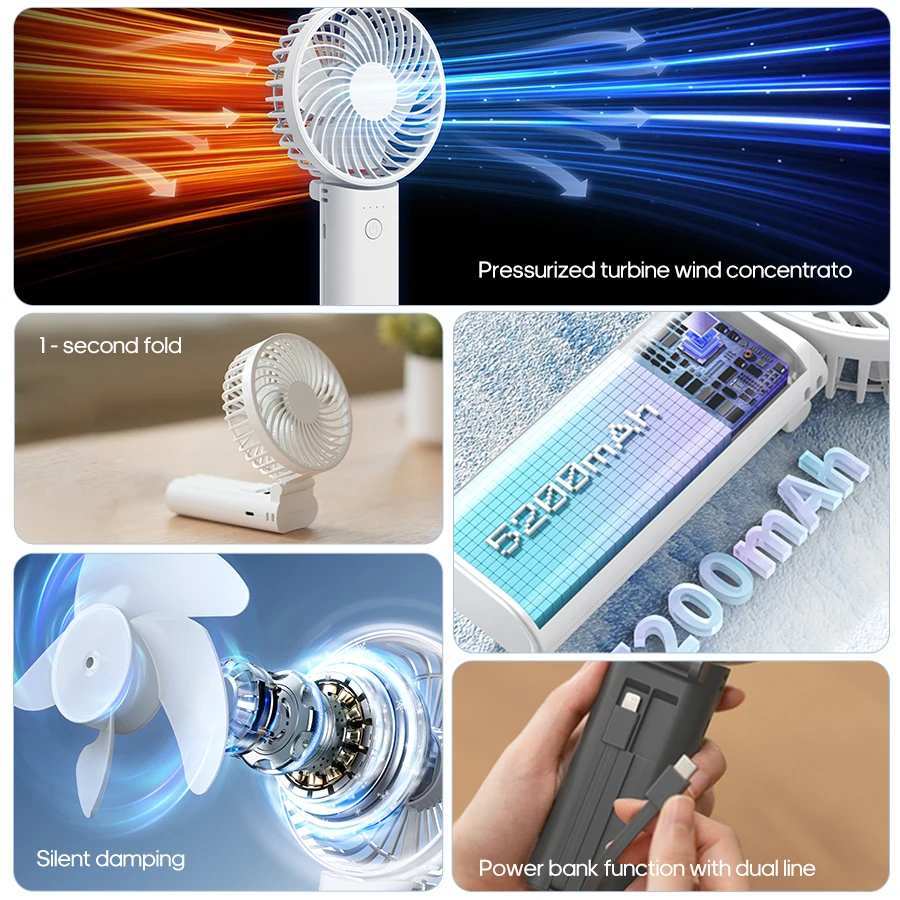 KINSCOTER Mini Portable Handheld Fan Foldable 5200mAh Multifunctional Cooling Fan with Charging Bank Function for Home Office