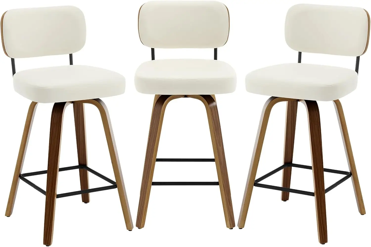 Swivel Counter Height Bar Stools Set of 3, 26" Upholstered Faux Leather Barstools with Back and Bent Wood Legs, Mid Century Mode