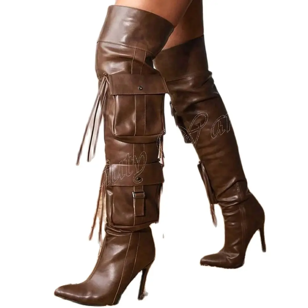 Bottes longues à franges marron pour femmes, décor de poche, fermeture éclair latérale, chaussures à talons hauts, mode 2023, nouveau