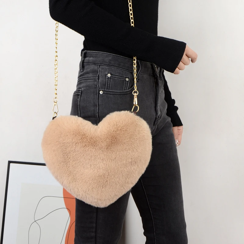 Mode frauen Herzförmige Handtaschen Nette Kawaii Faux Pelz Umhängetaschen Geldbörse Plüsch Kette Schulter Tasche Dame Handtasche – Detail 6