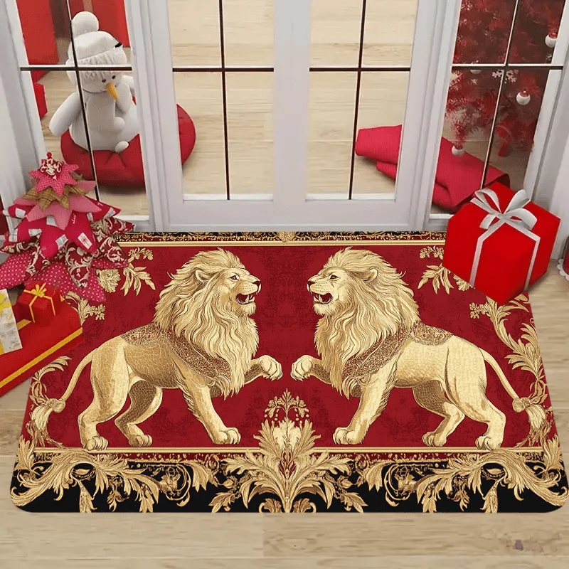 Alfombra estampada moderna con leones gemelos, borde Floral intrincado rojo dorado, regalos de vacaciones para el hogar, estilo de habitación festiva, lo mejor para decoración, 1 ud.
