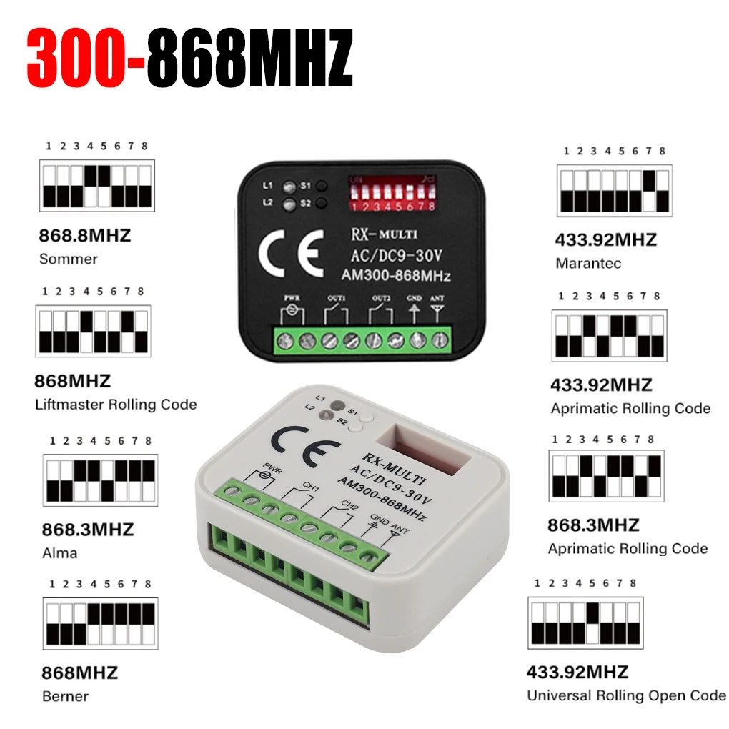 YIOU 300-868MHz Garage Door Receiver models NICE FLORS/MARANTEC/UNIVERSALFIXE CODE/any FIJO/ SLH  9-30VGate Switch Learn , Fixed