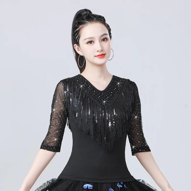 تخصيص منتصف كم الرقص الأعلى أزياء الإناث ليانغ فيلم الرقص اللاتينية أداء زي عرض الملابس النساء