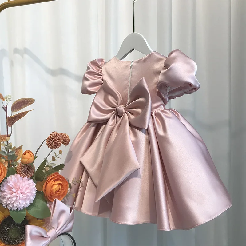 

High-End Pink Satin Princess Puffy Stylish Evening Baby First Dress Birthday Photoshoot
