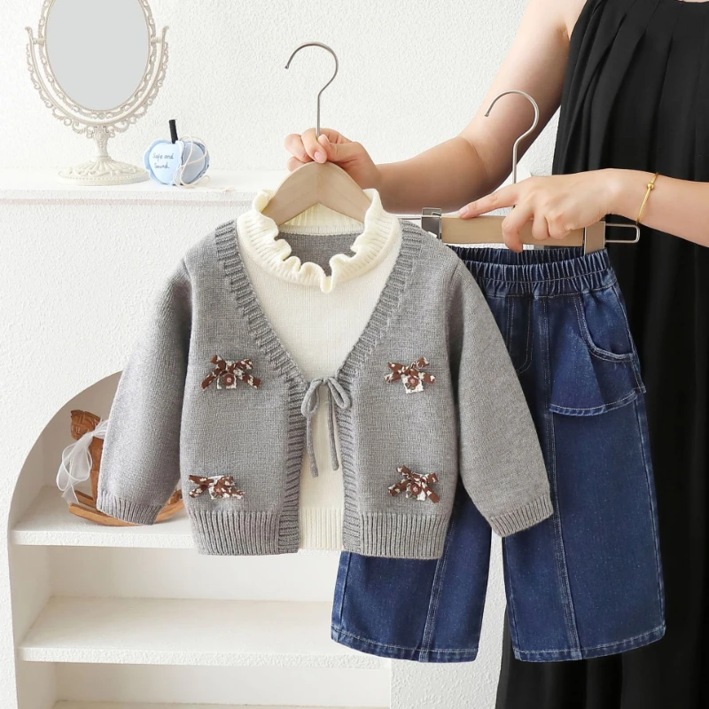 2026 Autumn and Winter Hot Selling Knitted Three-dimensional Bow Decoration Sweater Jacket and Jeans Two-piece Set