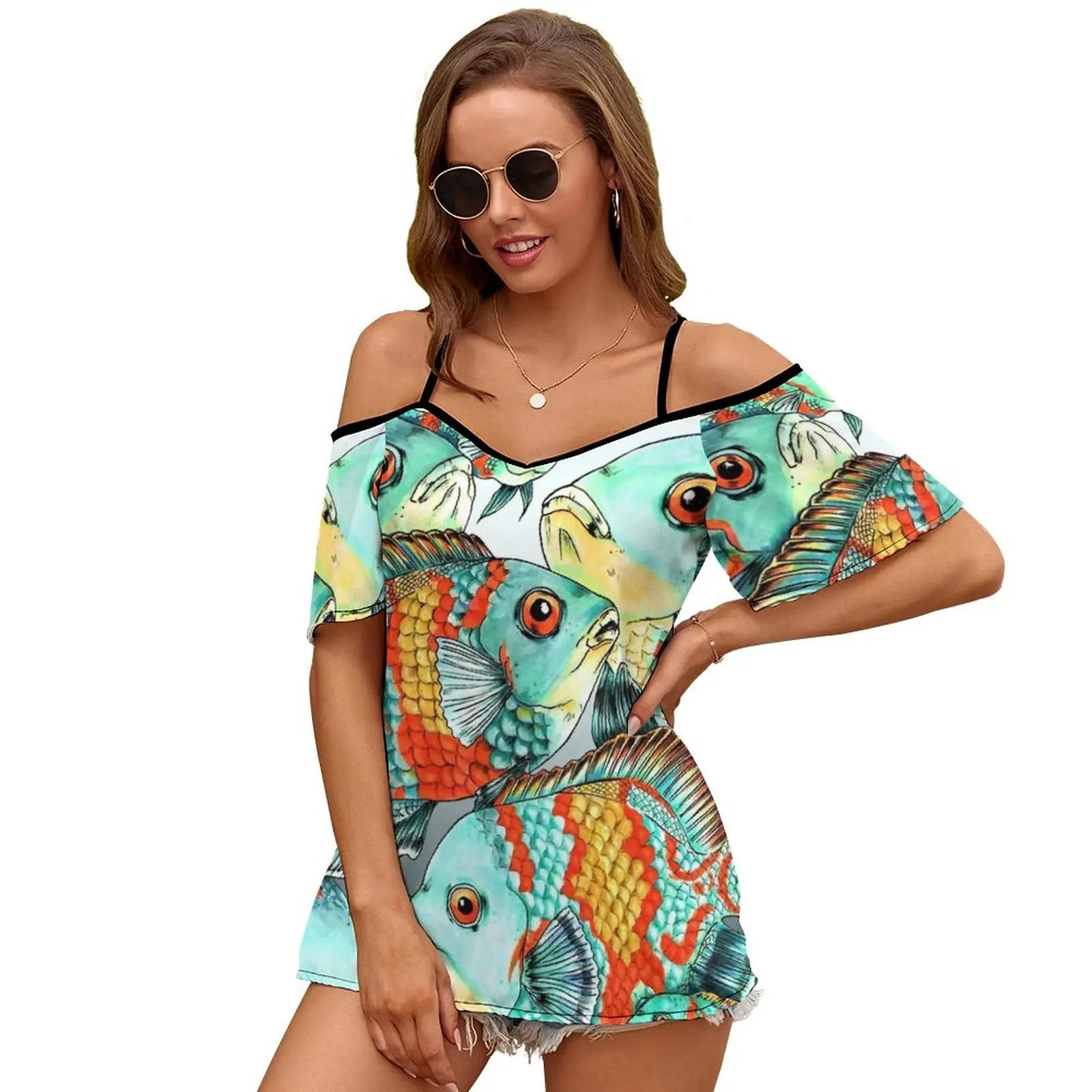 Oscars Print O-Neck Off-The-Shoulder Top Short-Sleeved T-Shirt Ladies Streetwear Oscar Oscars School Of Fish Sea Water