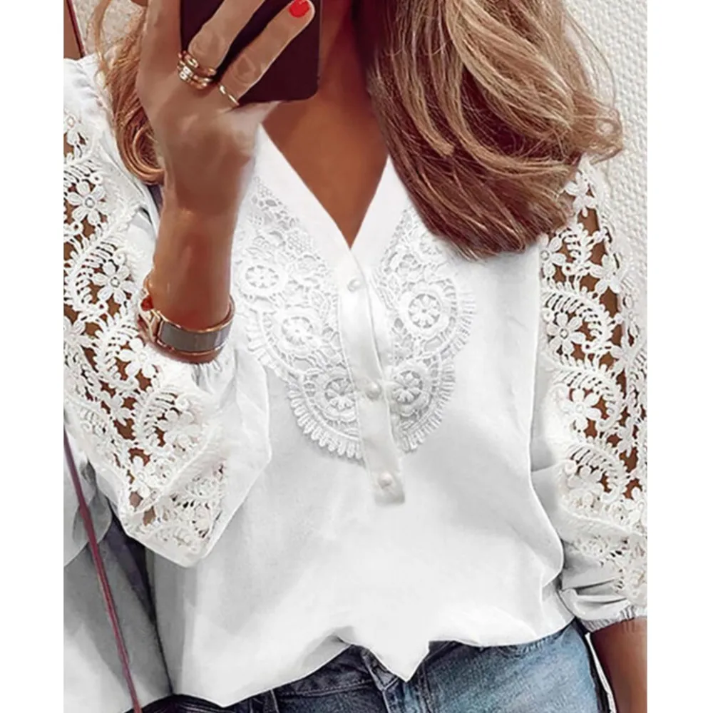

Elegant Women's Blouse White Shirt 2024 Summer Lace Hollow Panel Long Sleeve Solid Shirts Office Lady Tops S-XXXL Blusas Femme