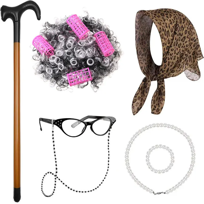 Halloween Back-to-School 100 Days Old Lady Costume Set Wig COS Elderly Grandmother Wig Walking Stick Headscarf Pearl Necklaces view 2