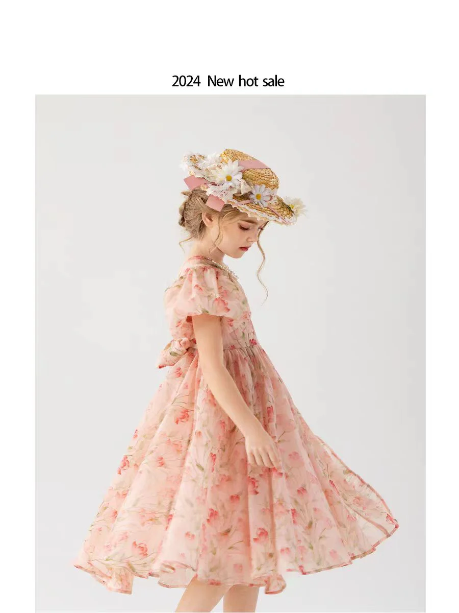 kids Holiday style dress for Girls Elegant Children Summer Chiffon Kids Flower Puff Short Sleeve Ball Gown Princess Dresses