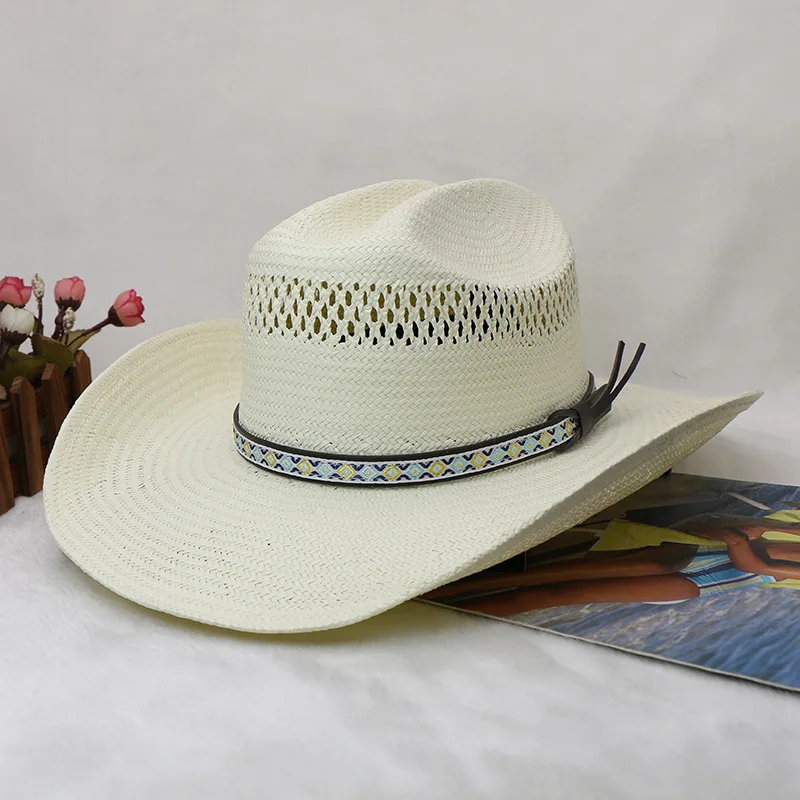 

Hot Sale Five-point Grass Hand-knitted Western Panama Cowboy Hat Knight's Cap Beach Sun Hat Men