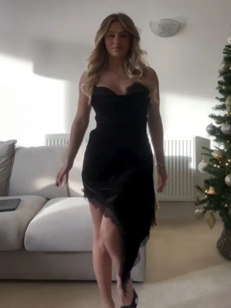 

HH Новое женское летнее модное асимметричное платье без рукавов с бархатными складками, сексуальное кружевное украшение, женское универсальное праздничное платье