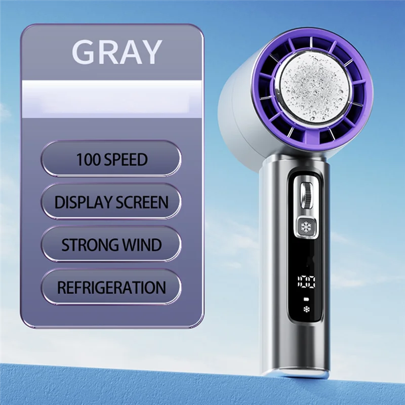 A01V-100 سرعات مروحة توربو صغيرة قابلة للتعديل مع شاشة LED لتبريد الثلج ومروحة يد شخصية باللون الرمادي الداكن
