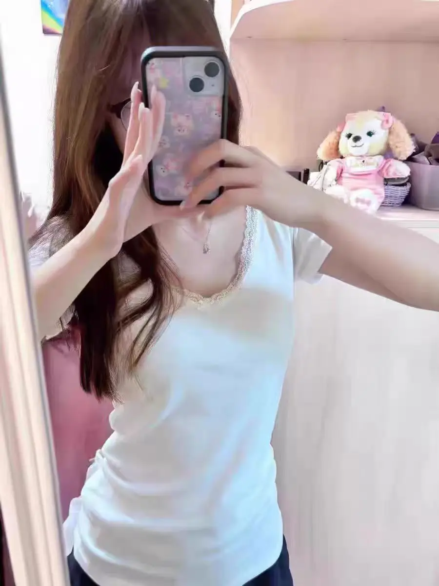 

Ретро-американский бренд Brandi BM: футболка из чистого хлопка с коротким рукавом, V-образным вырезом, кружевным узлом, утягивающий топ для молодых женщин, летняя одежда