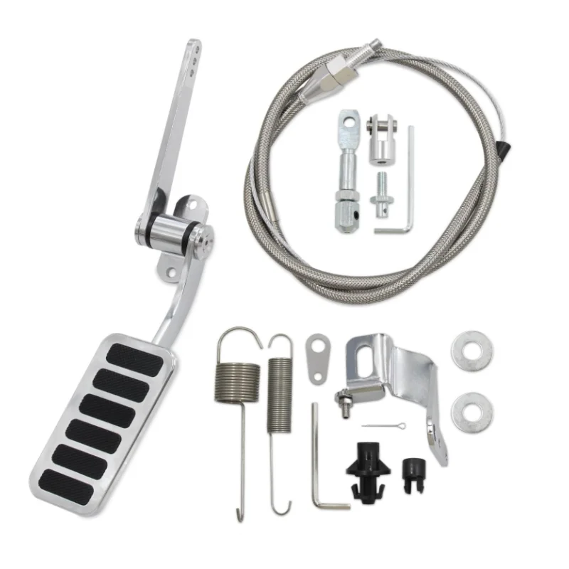 Polished Aluminum Throttle Pedal, 2' X 4-1/2', Includes Stainless Steel Braided 36' Throttle Cable Kit with 24' Sleeve and Cable