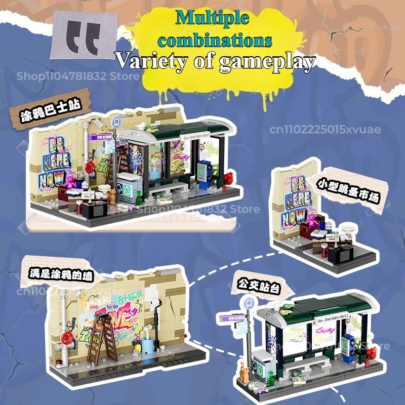 아메리칸 스트리트 시리즈 빌딩 블록 낙서 버스 정류장 거리 장면 조립 모델 도시 교육 장식품 컬렉션 선물