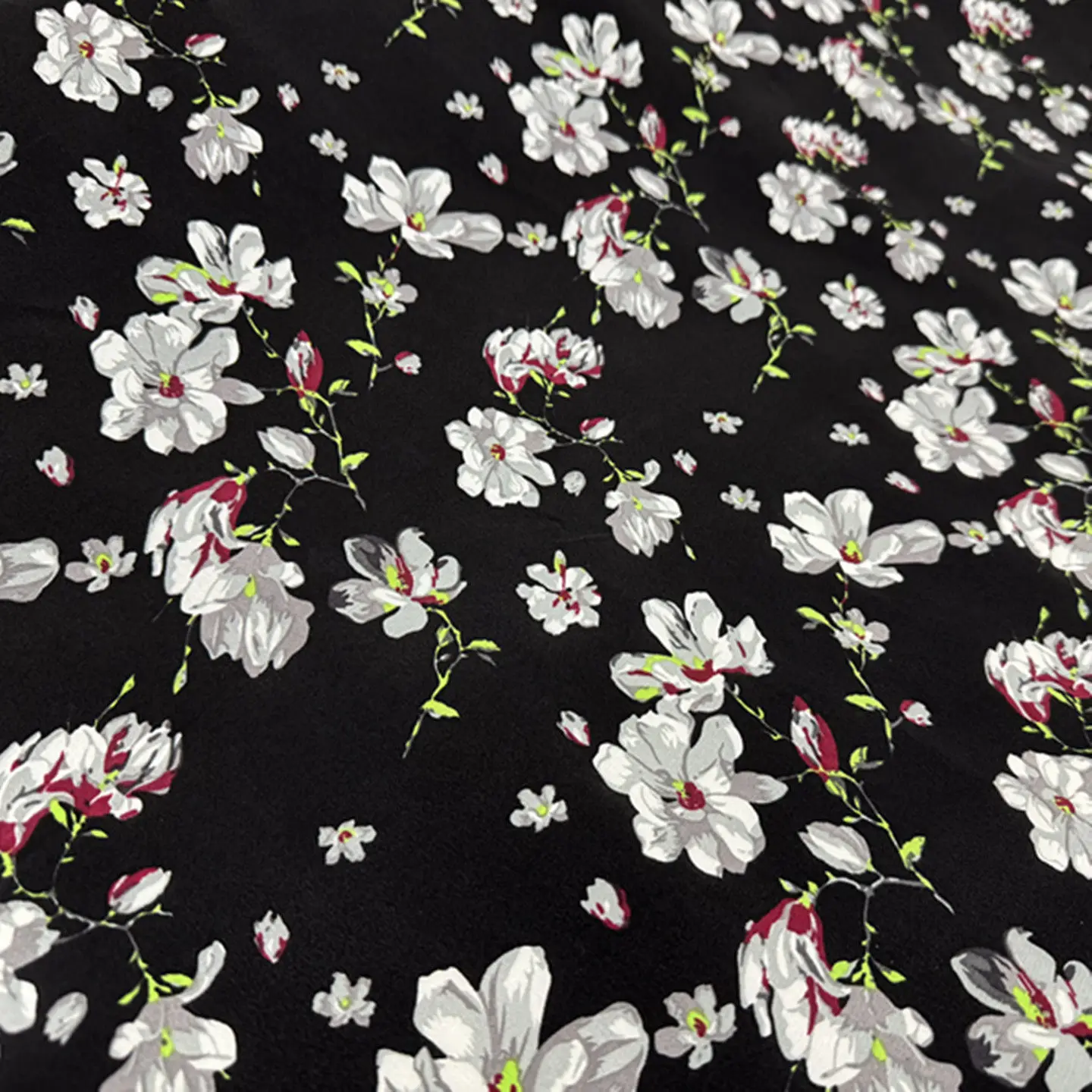 Black Background Botanical Floral Wide Width Washed Silk Crepe De Chine Fabric 100% Mulberry Silk for Summer Dress Blouse Garmen