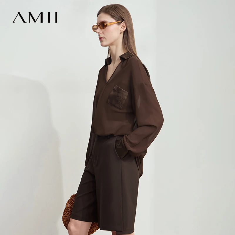 Amii minimalistische chiffon shirts voor dames losse effen V-hals verlaagde schouder lange mouwen dunne doorzichtige losse blouse 12512024