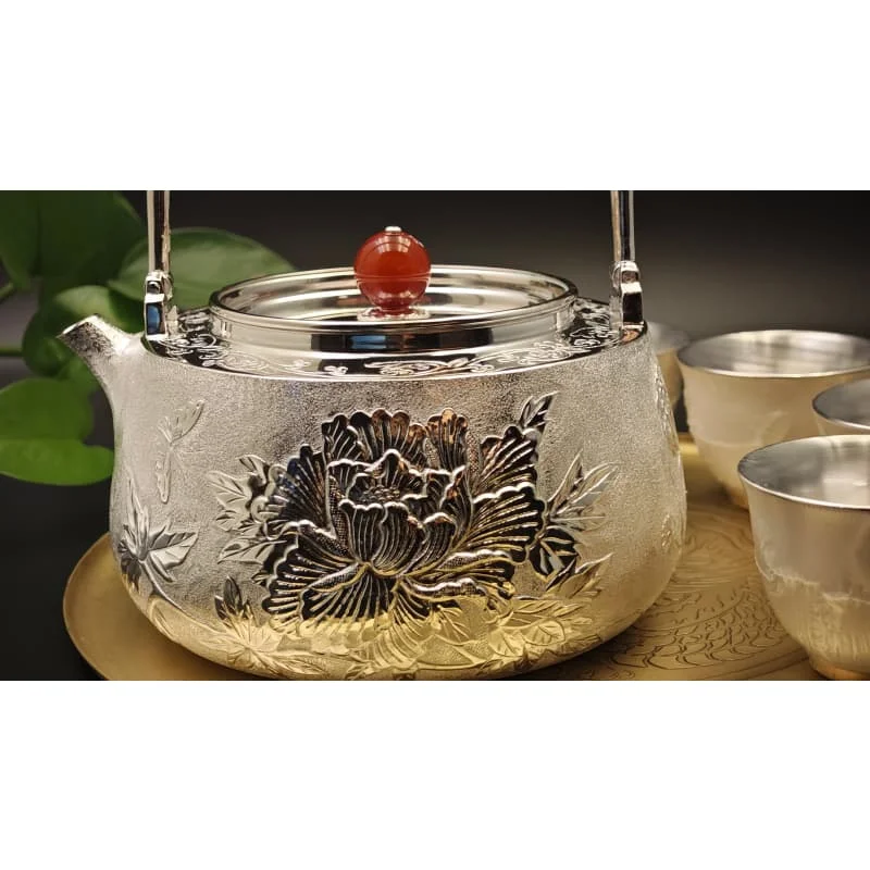 Luxury Peony Design Silver Tea Set Hand Engraved Floral Pattern 6-Piece Tea Set Chinese Teapot Set with Tray