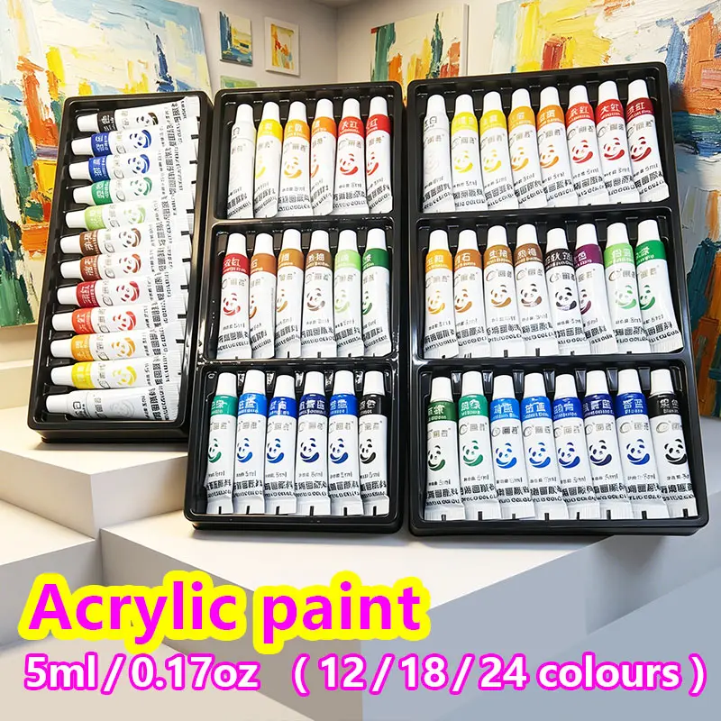 Ensemble de peinture acrylique 5 ml/0,17 oz, 12/18/24 couleurs, résistant à l'eau, pigments riches, portable, pour artisanat DIY, dessin, peinture, toile, roche