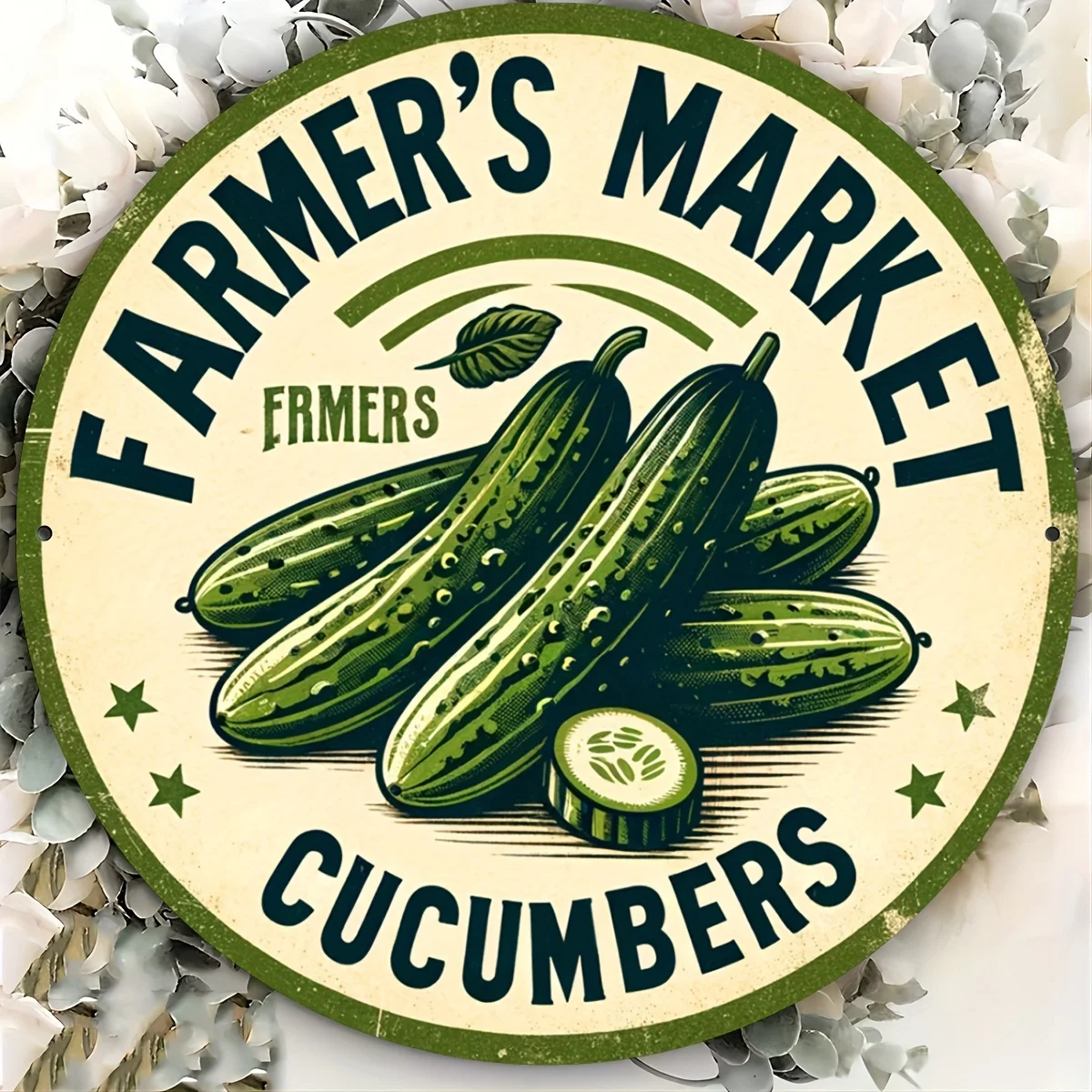 Vintage Farmer's Market Cucumber Metal Sign Round Retro Wall Art for Cafe, Bar, or Home Decor - Waterpro