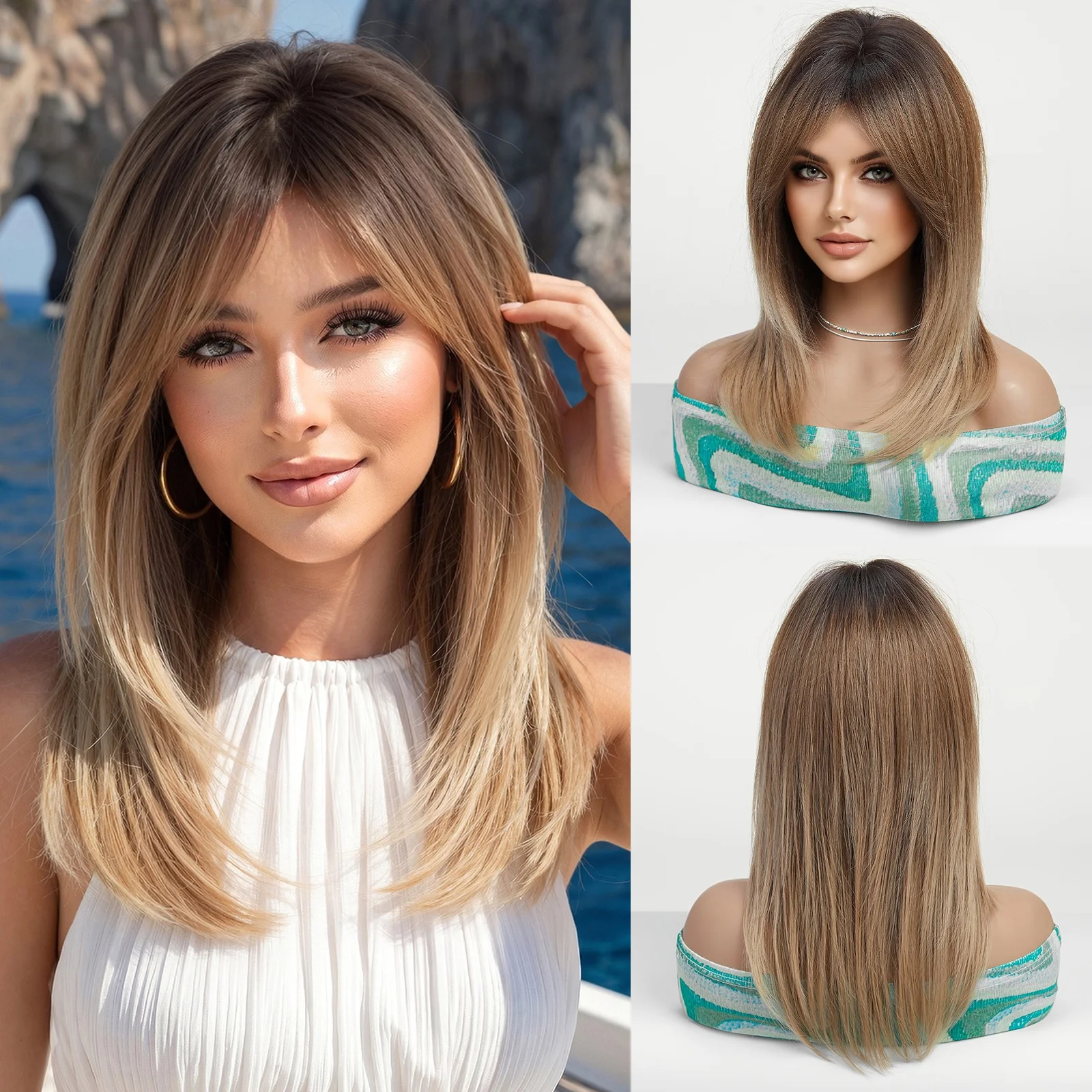 Halloween Wig TopShe Long Straight Wig with Bangs for Woman Ombre Brown Synthetic Wig with Dark Roots Heat Resistant Fiber Blonde Middle Part Wig for Girls Suitable for Daily Wear Natural Looking Full Head Wigs Fashion Styling Voluminous Extension