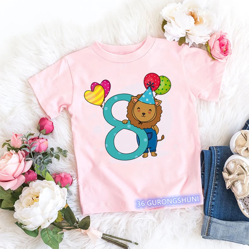 2022 New Style Cute Kawaii Animal Number 3-9th Birthday T Shirt Bunny Elephant Bear Balloon T-Shirt Tees Top Young Children Tops