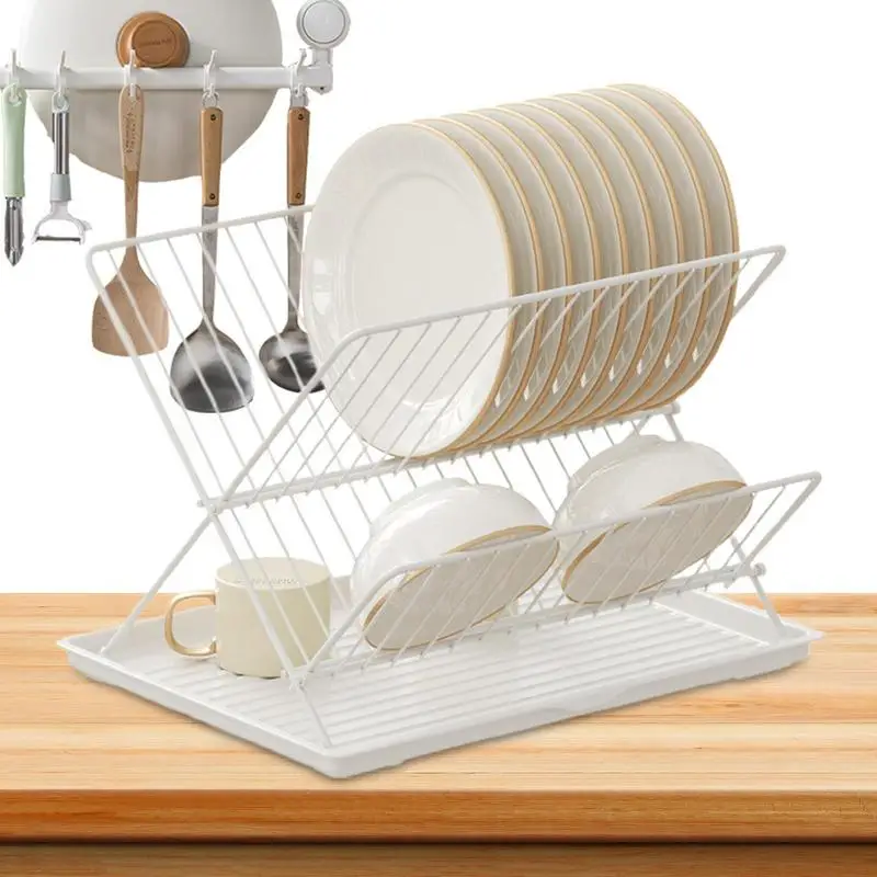 

Металлическая сушилка для посуды, 2-уровневая сушилка для посуды из углеродистой стали/нержавеющей стали, съемный лоток для улавливания воды, сушилка