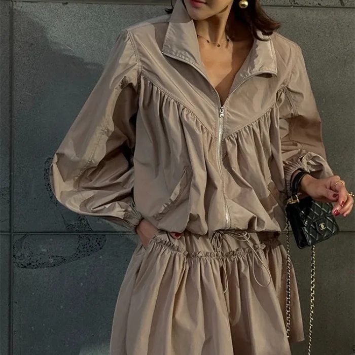Casual Style Short Skirt Set with Waist Cinching Elastic Waist Long Sleeve Chest Pleated Loose Fit Slimming Effect for Travel