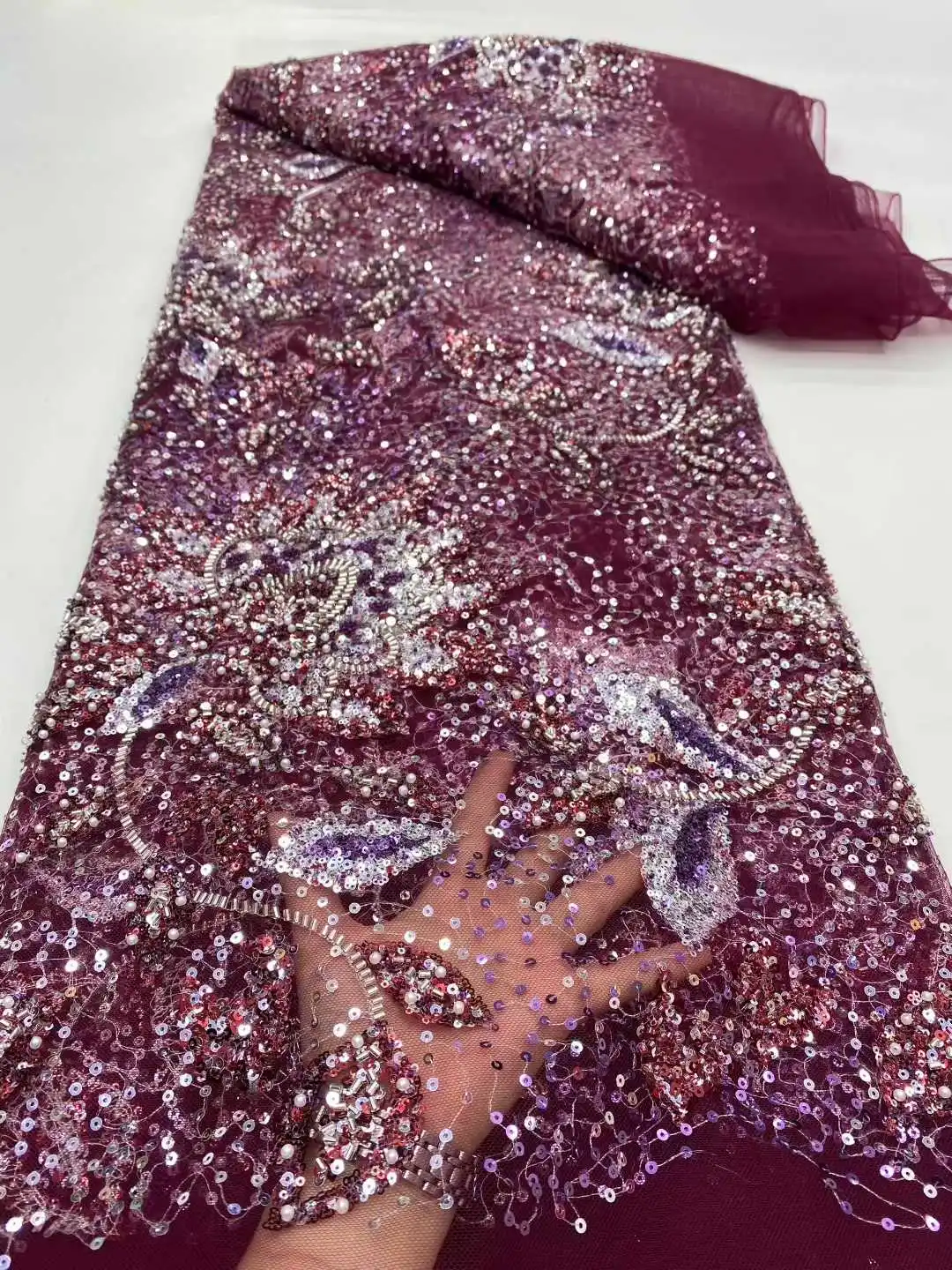 New Design Luxury French African Handmade Beads Tulle lace Latest Embroidery Sequins Mesh Lace Nigeria Fabric For Wedding Dress
