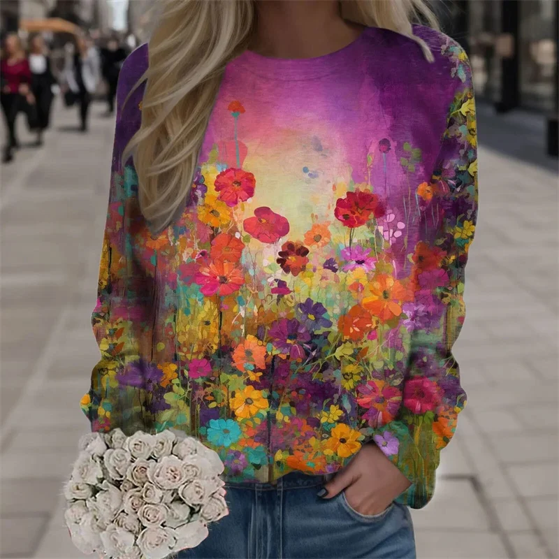 3D Oil Painting Printing Tshirts Long Sleeve For Women Fashion Streetwear Pullovers Girls Beautiful Flowers Clothing Floral Tops